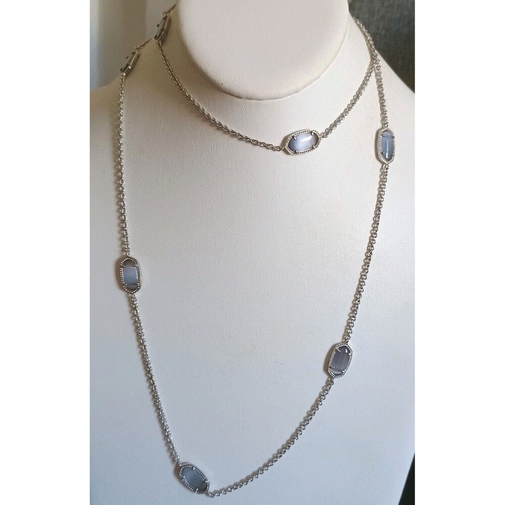 Kendra Scott Kellie Blue Lace Agate Station Long Silver Tone Necklace